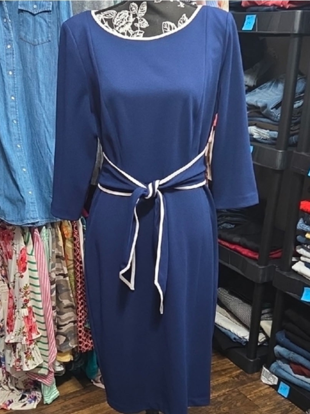 Adrianna Papell Navy Midi Dress with White Trim and Belt
